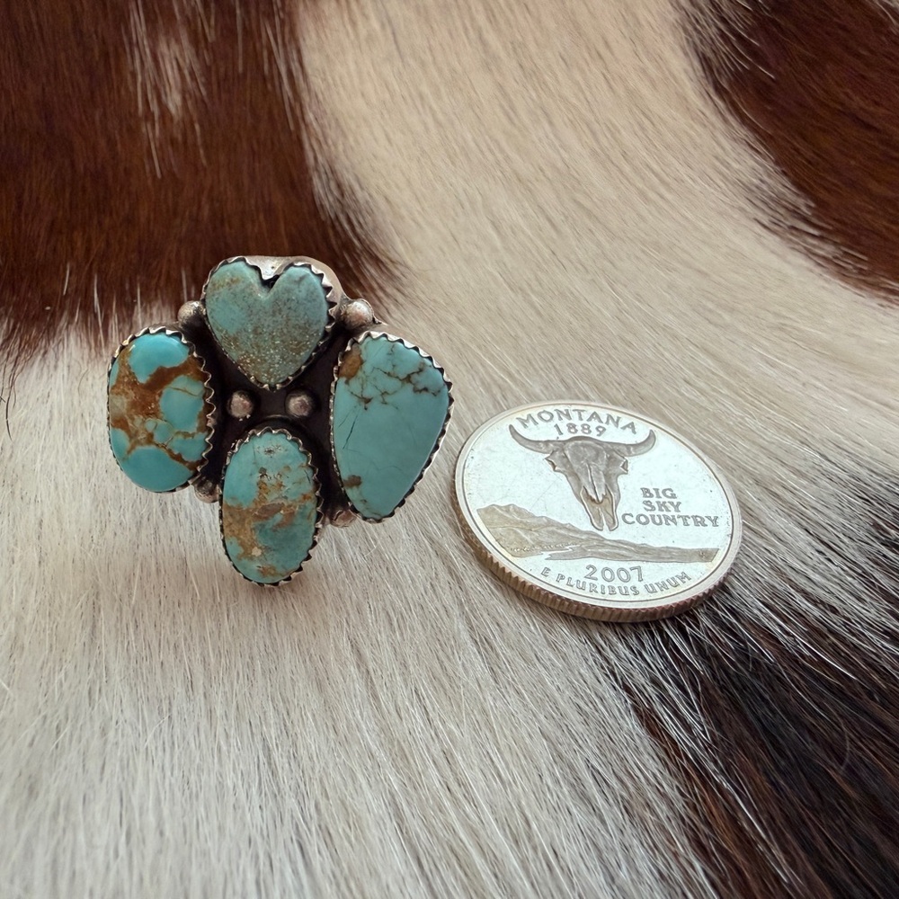 ❤️ #8 Turquoise Navajo Style 4 Stone Heart Statement Ring Adj Unisex 7.8 Gms 925 - Picture 8 of 16